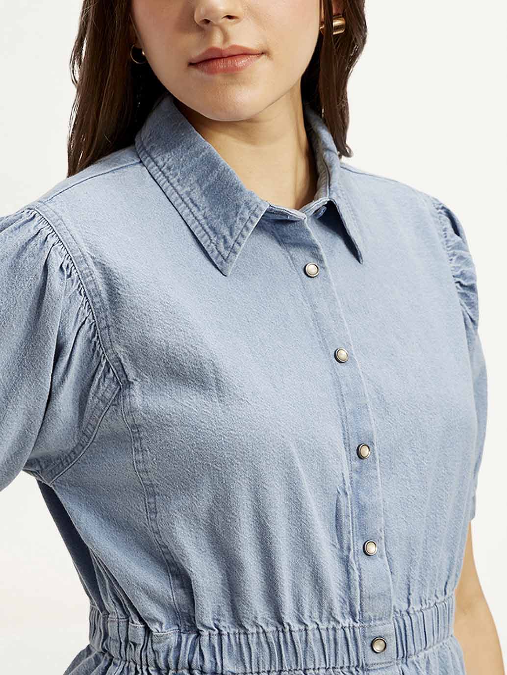 Women's Solid Light Blue Spread Collar Dress - Image 5