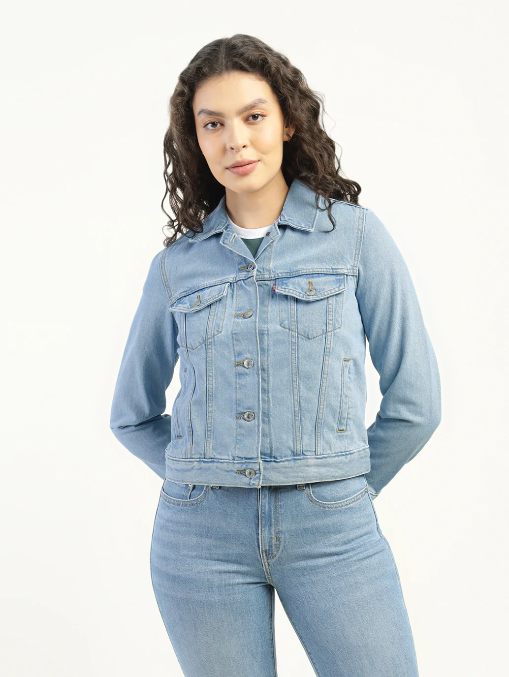 Women's Solid Light Blue Spread Collar Denim Jacket - Image 2