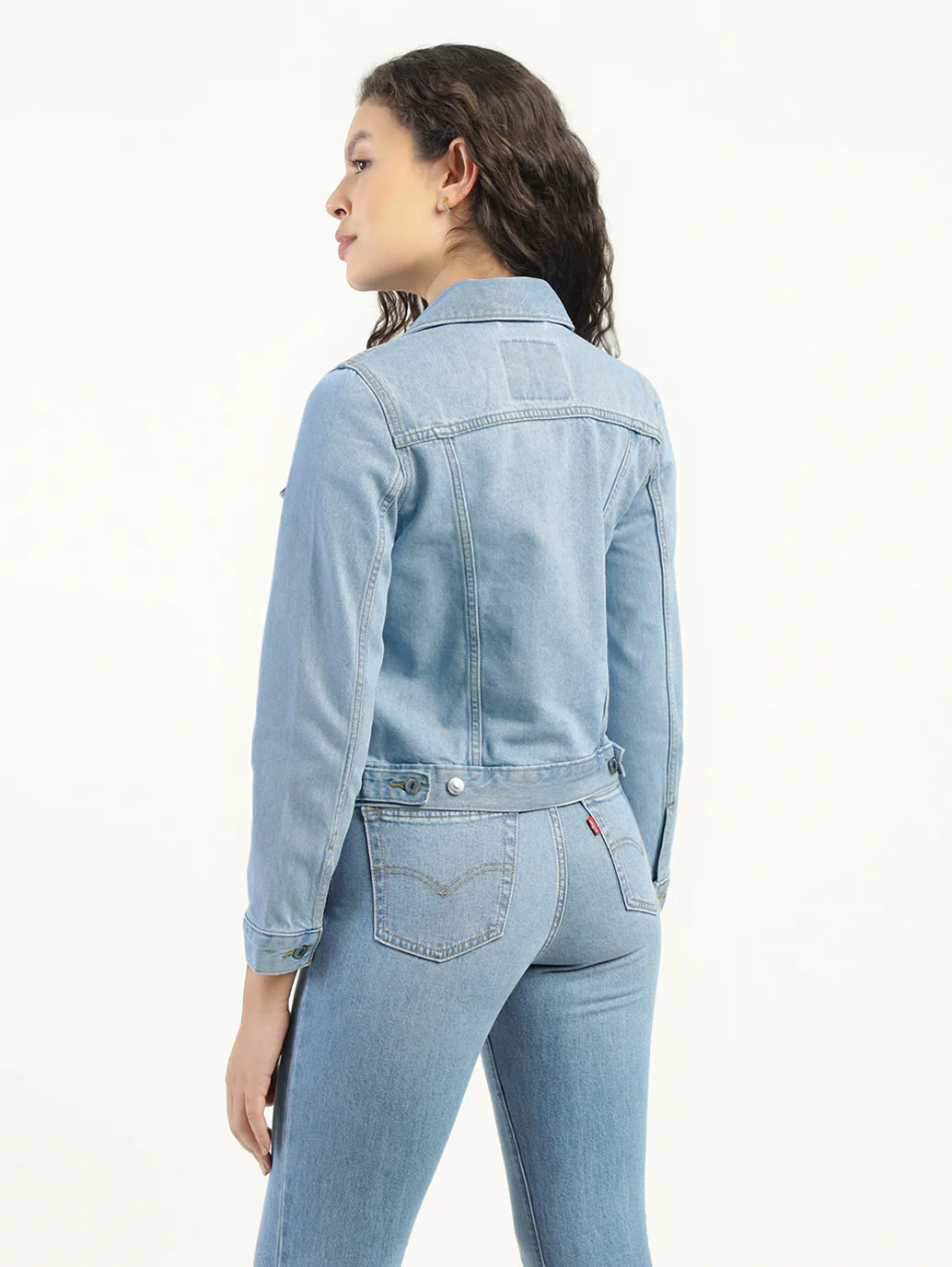 Women's Solid Light Blue Spread Collar Denim Jacket - Image 3