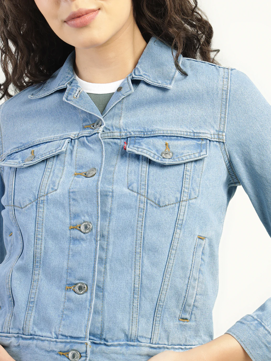 Women's Solid Light Blue Spread Collar Denim Jacket - Image 4