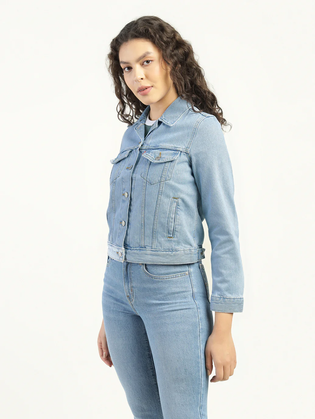 Women's Solid Light Blue Spread Collar Denim Jacket - Image 5