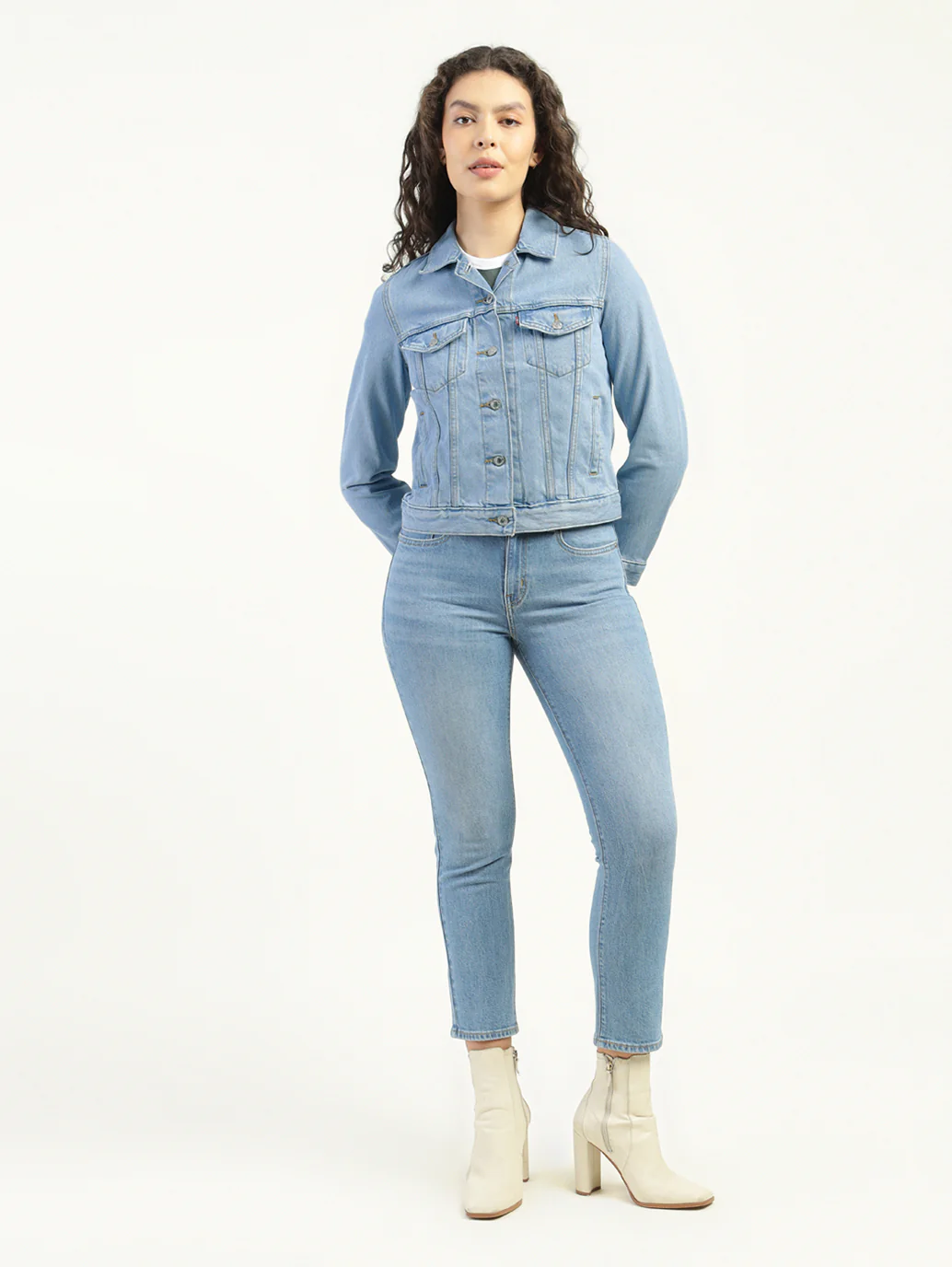 Women's Solid Light Blue Spread Collar Denim Jacket - Image 6