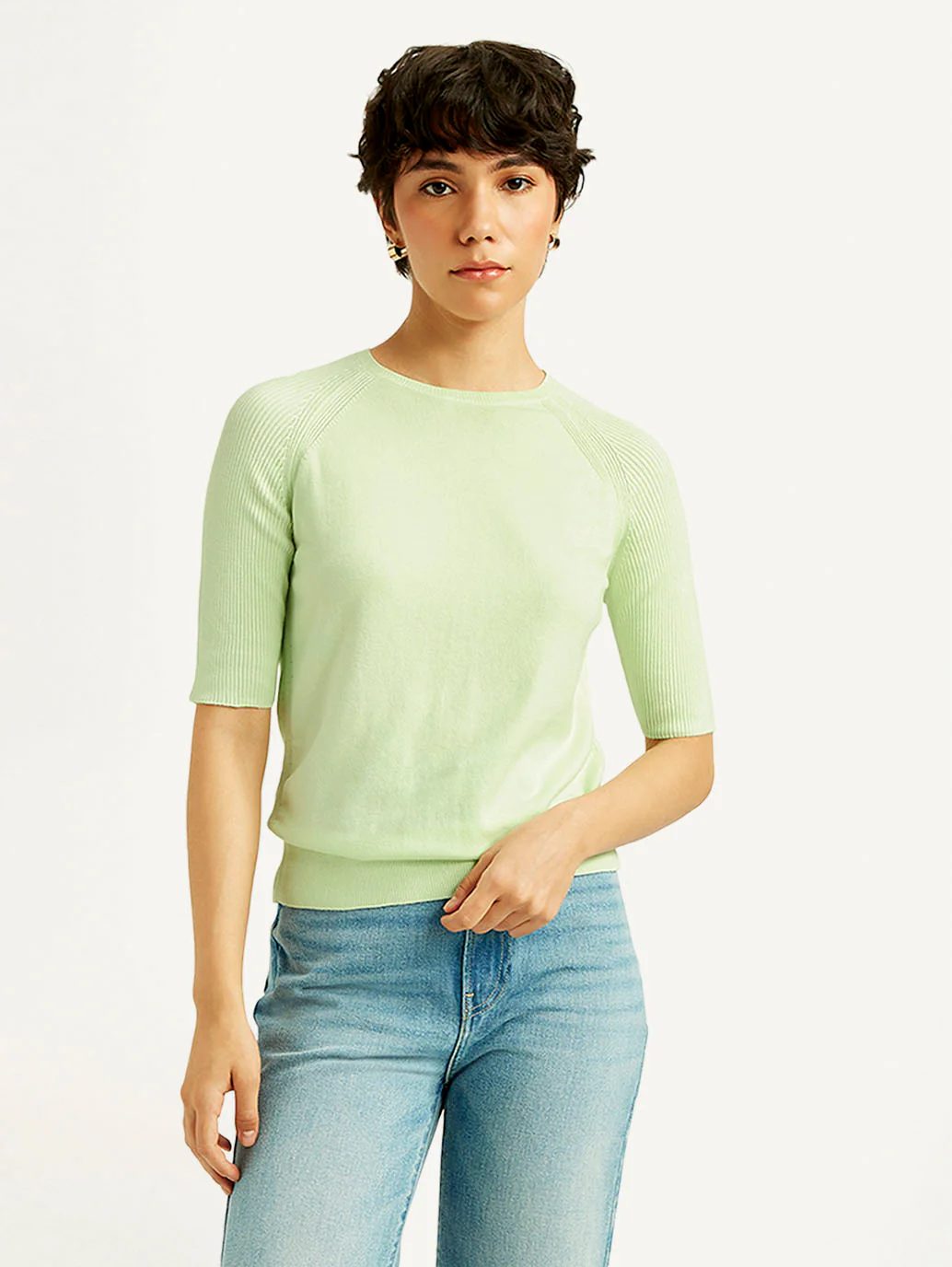 Women's Solid Light Green Boat Neck Top - Image 2
