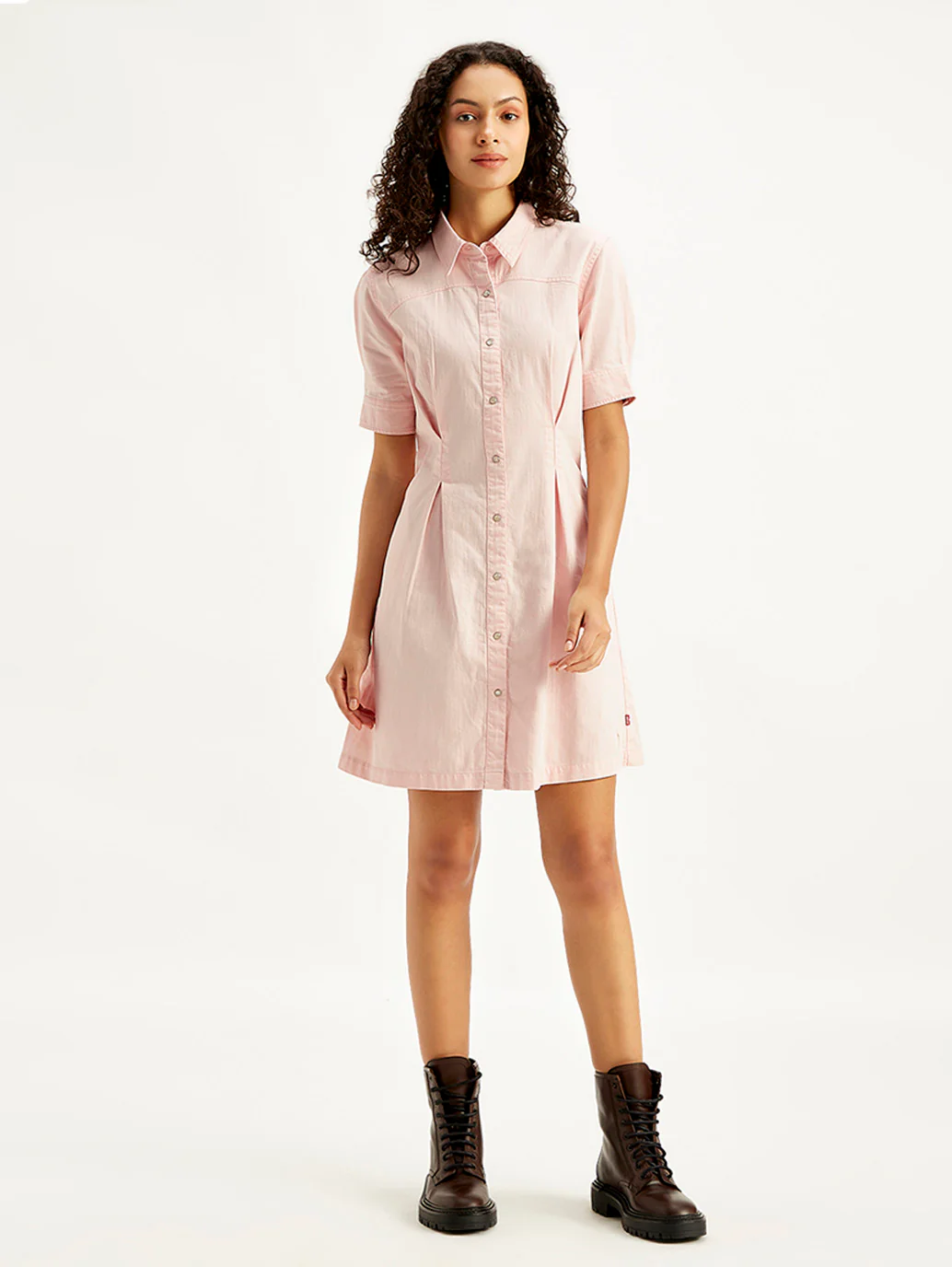 Women's Solid Light Pink Spread Collar Shirt Dress - Image 3