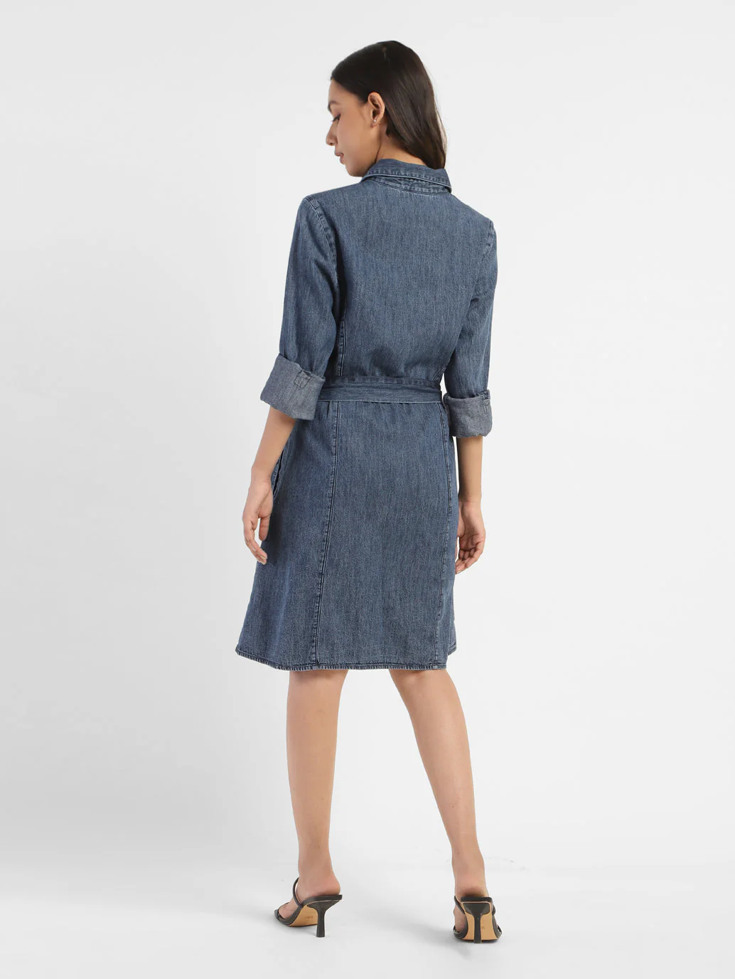 Women's Solid Mid Indigo Shirt Collar Dresses - Image 3
