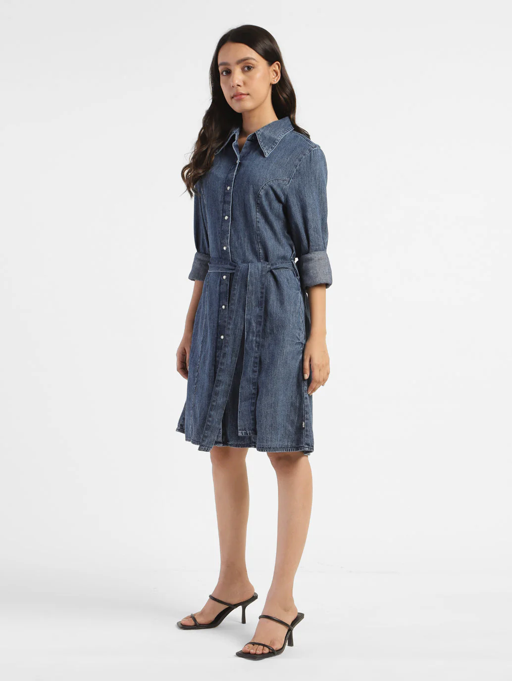 Women's Solid Mid Indigo Shirt Collar Dresses - Image 4