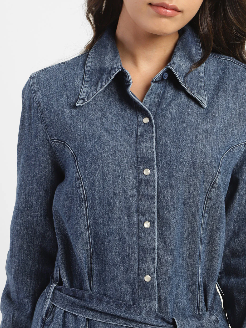 Women's Solid Mid Indigo Shirt Collar Dresses - Image 5