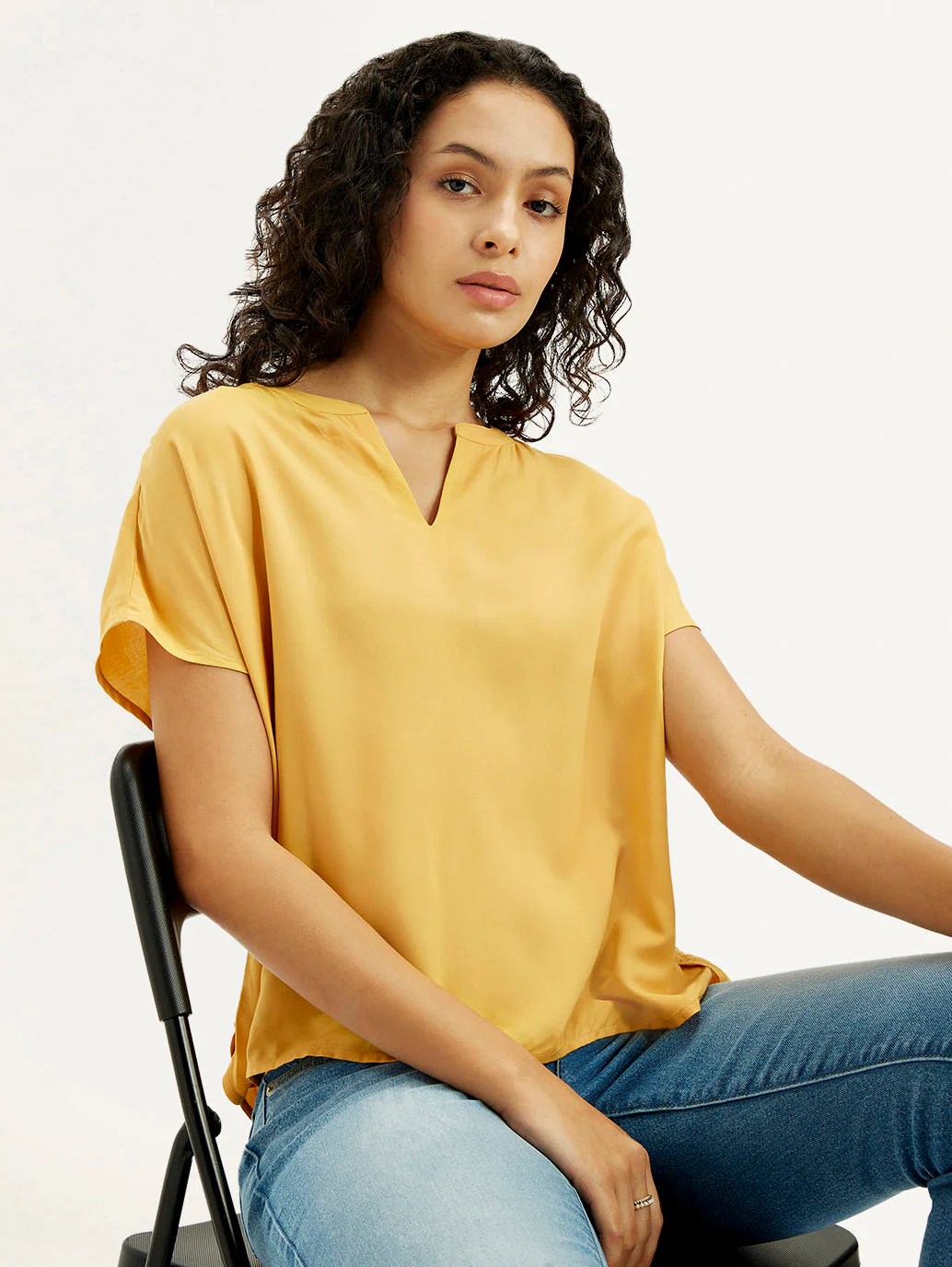 Women's Solid Mustard Split Neck Top