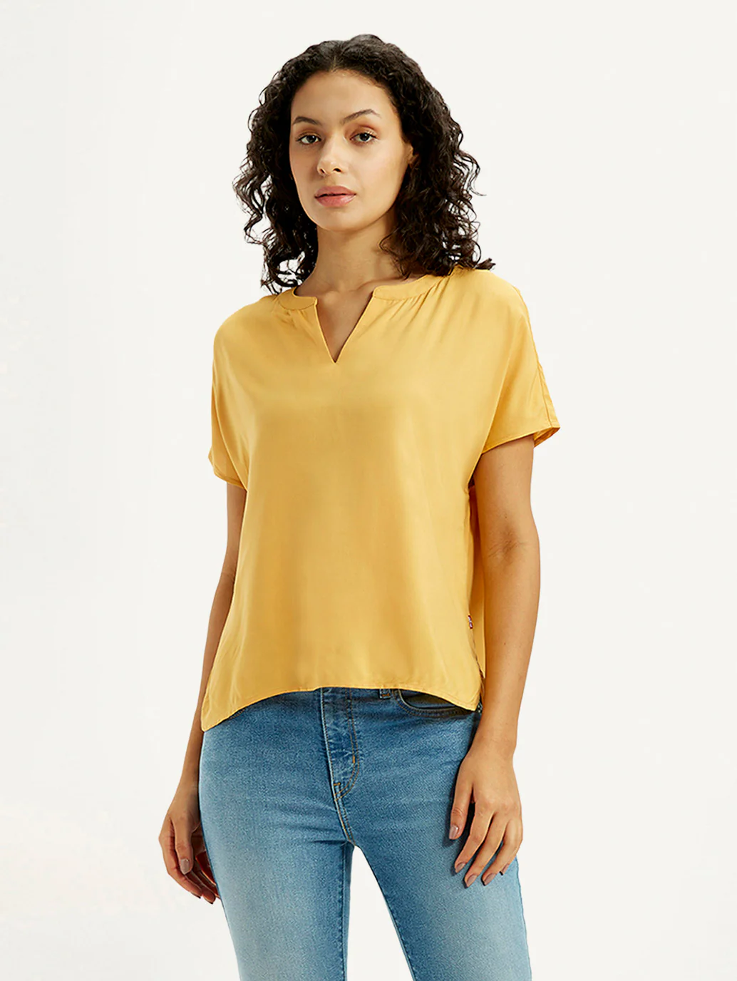 Women's Solid Mustard Split Neck Top - Image 2