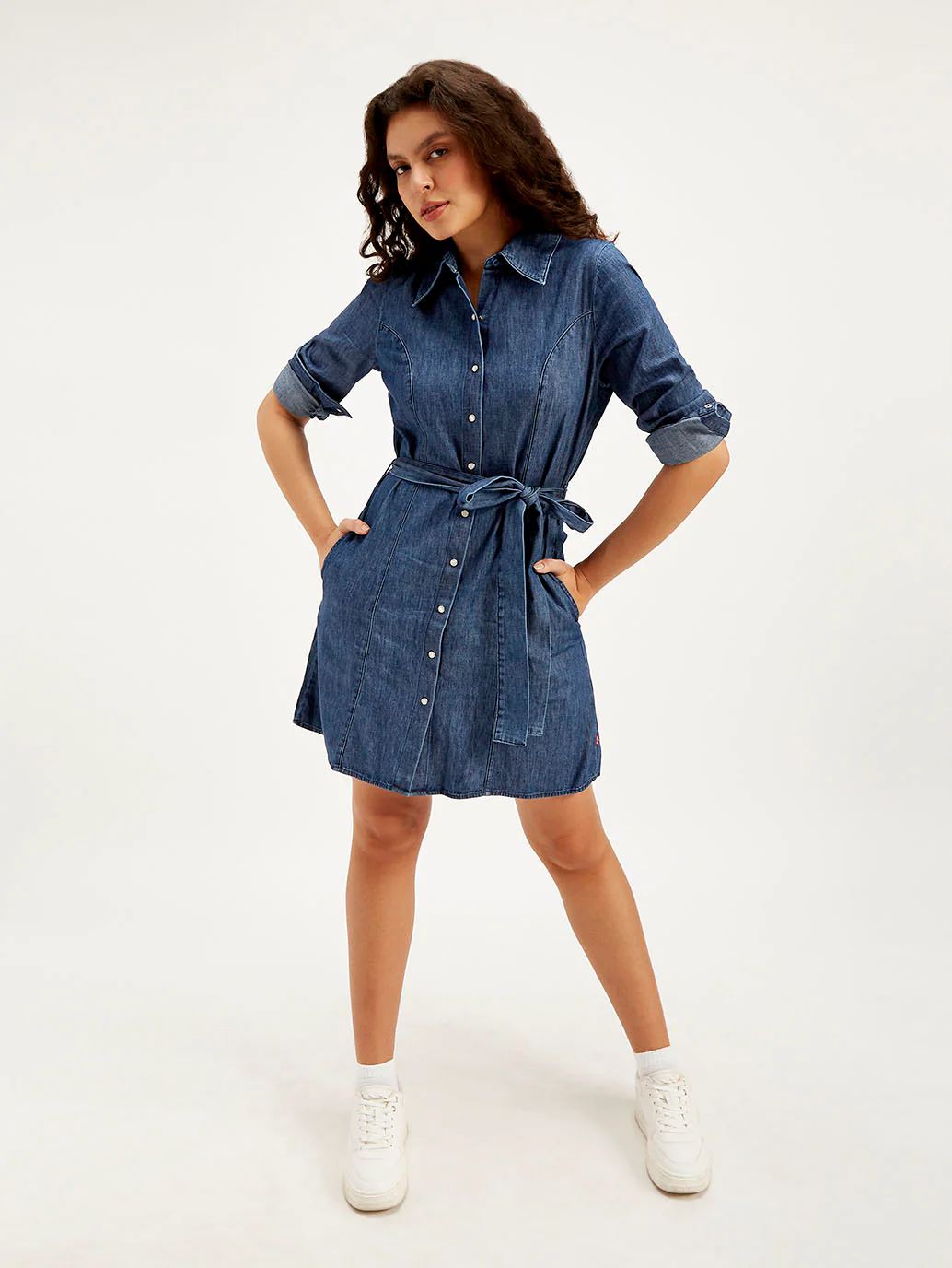 Women's Solid Navy Spread Collar Dress - Image 2
