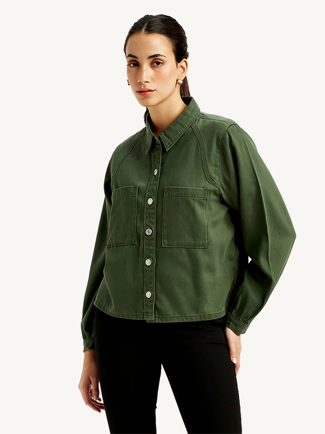 Women's Solid Olive Spread Collar Jacket - Image 2