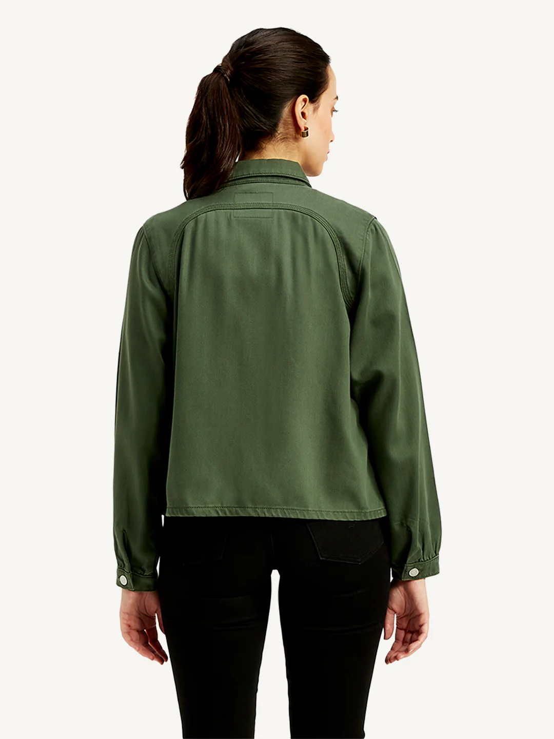Women's Solid Olive Spread Collar Jacket - Image 3