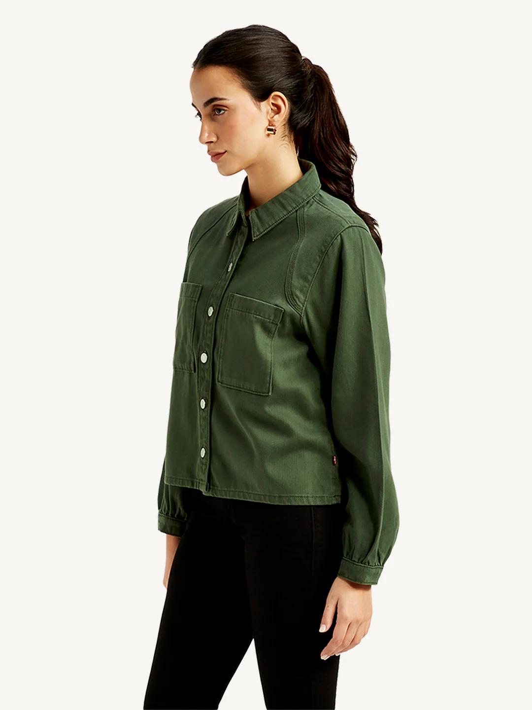 Women's Solid Olive Spread Collar Jacket - Image 4