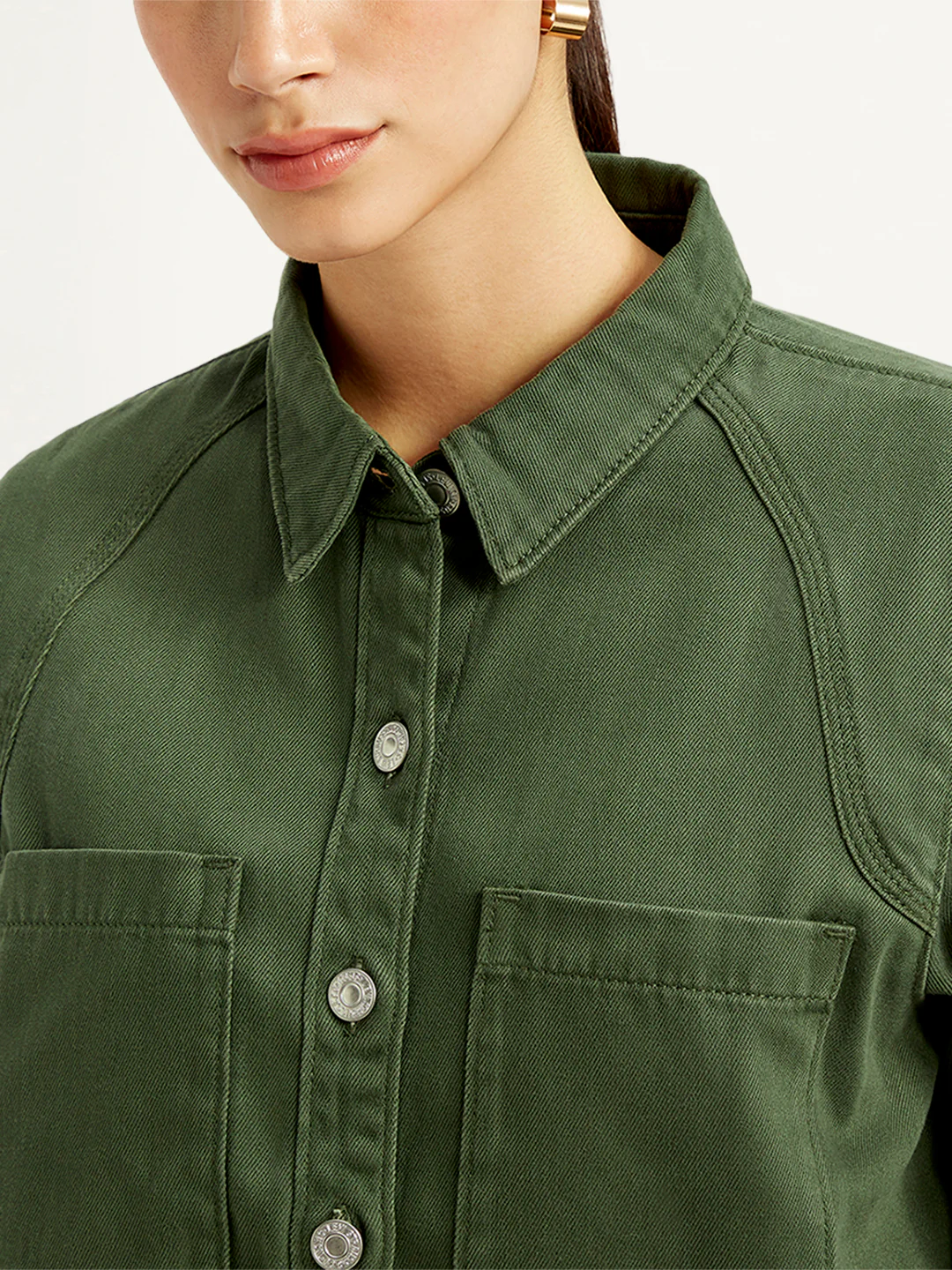 Women's Solid Olive Spread Collar Jacket - Image 5