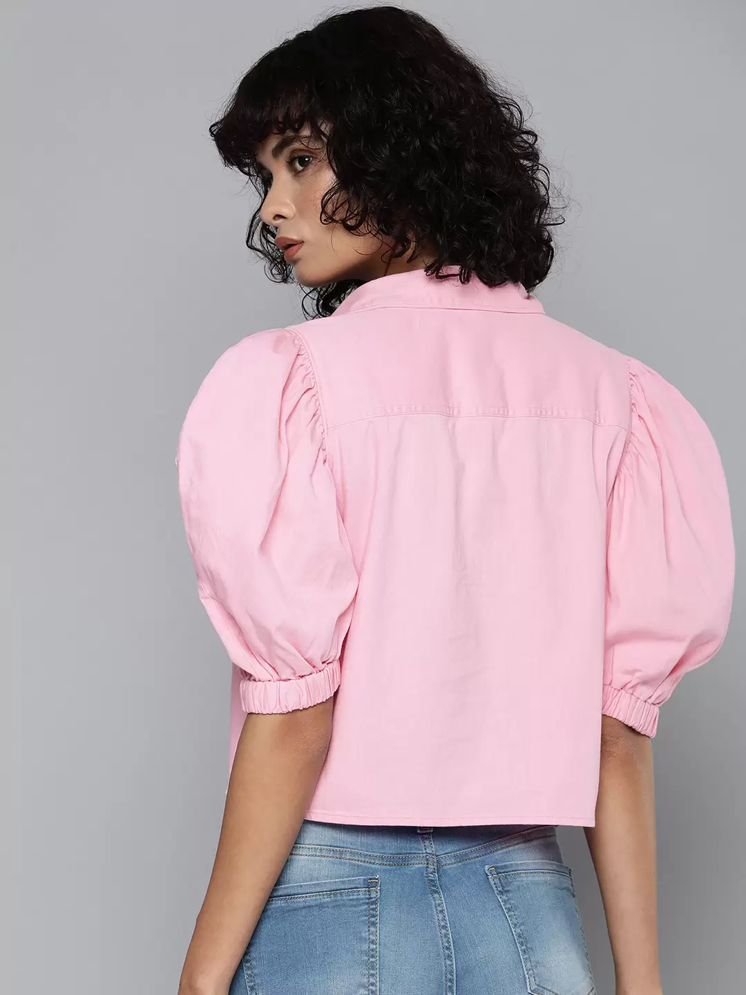 Women's Solid Pink Collar Nack Top - Image 3