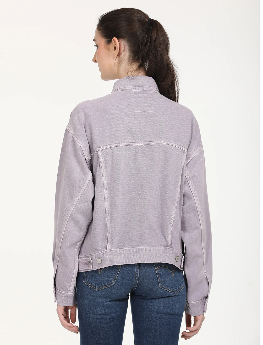 Women's Solid Purple Spread Collar Denim Trucker Jacket - Image 3