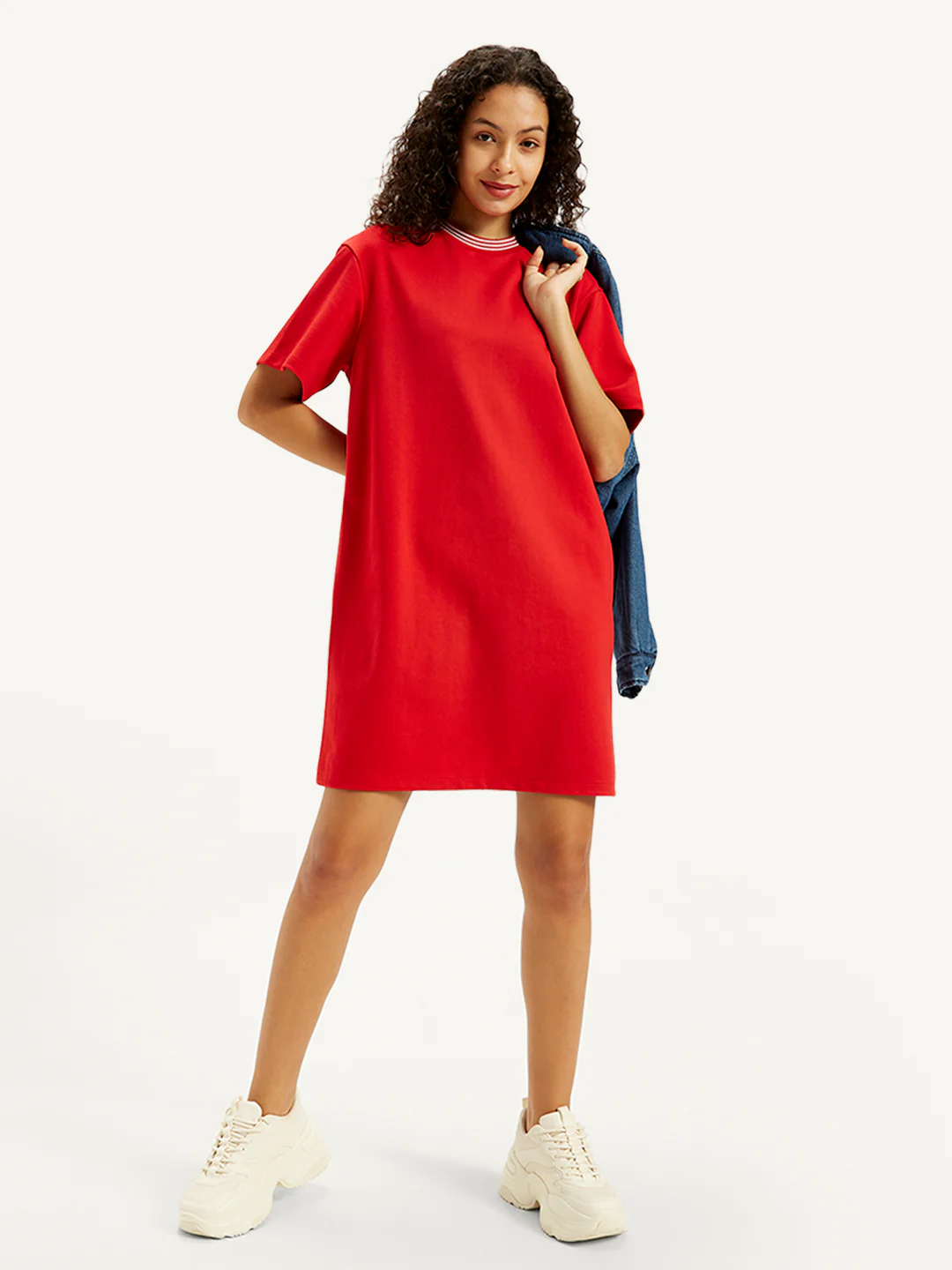 Women's Solid Red Crew Neck Dress - Image 5