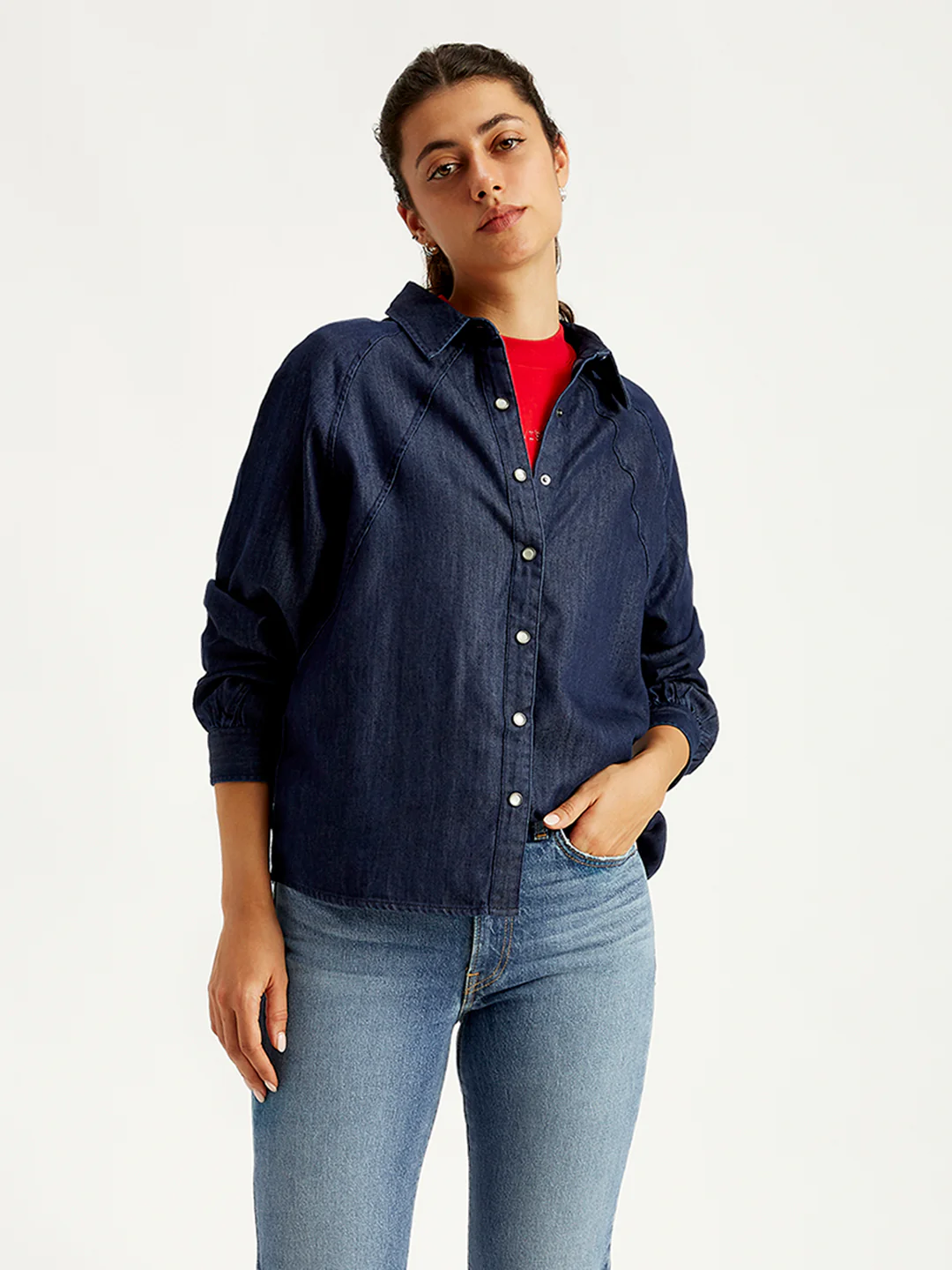 Women's Solid Relaxed Fit Denim Shirt - Image 5