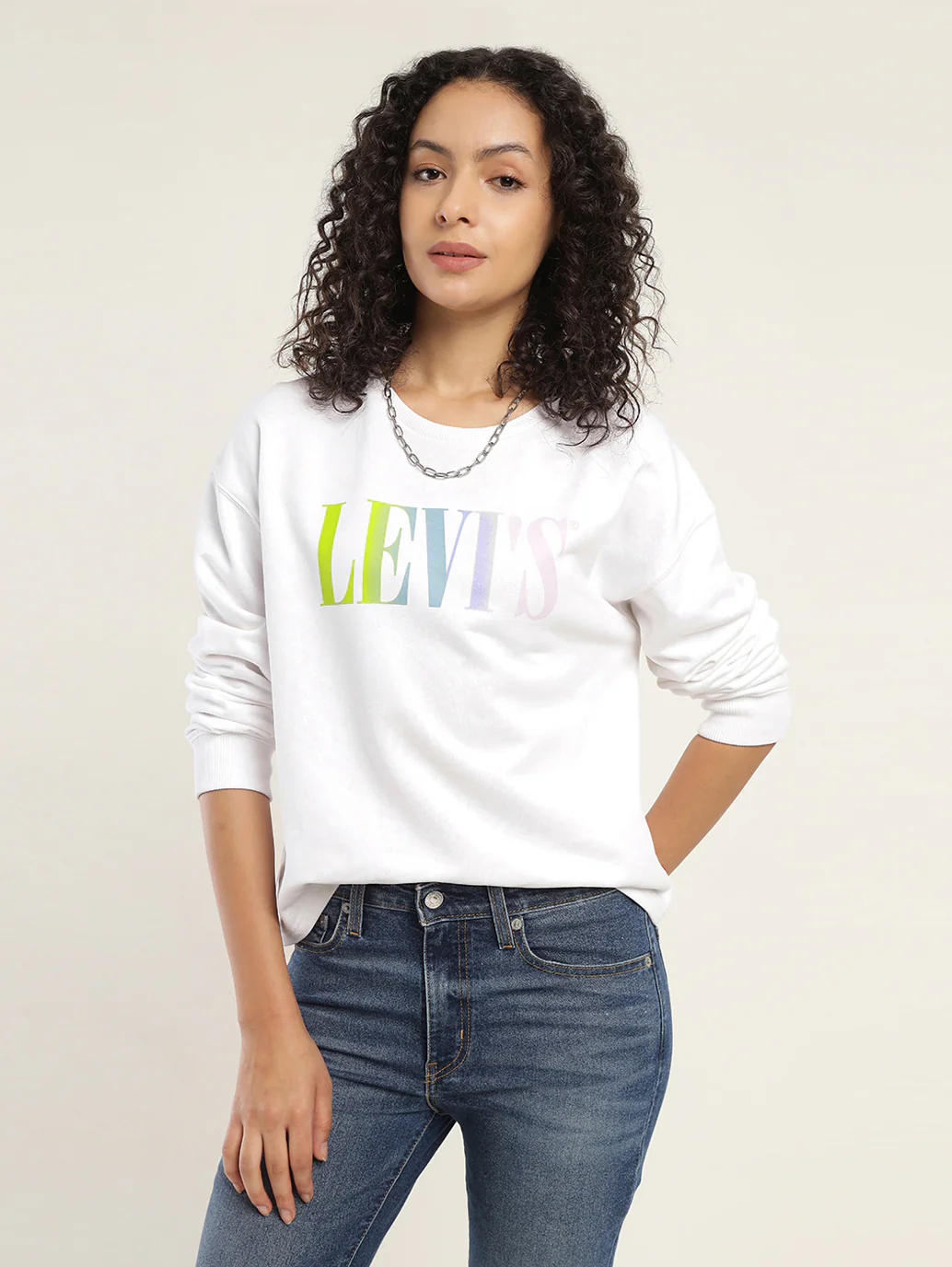 Women's Brand Logo White Crew Neck Sweatshirt