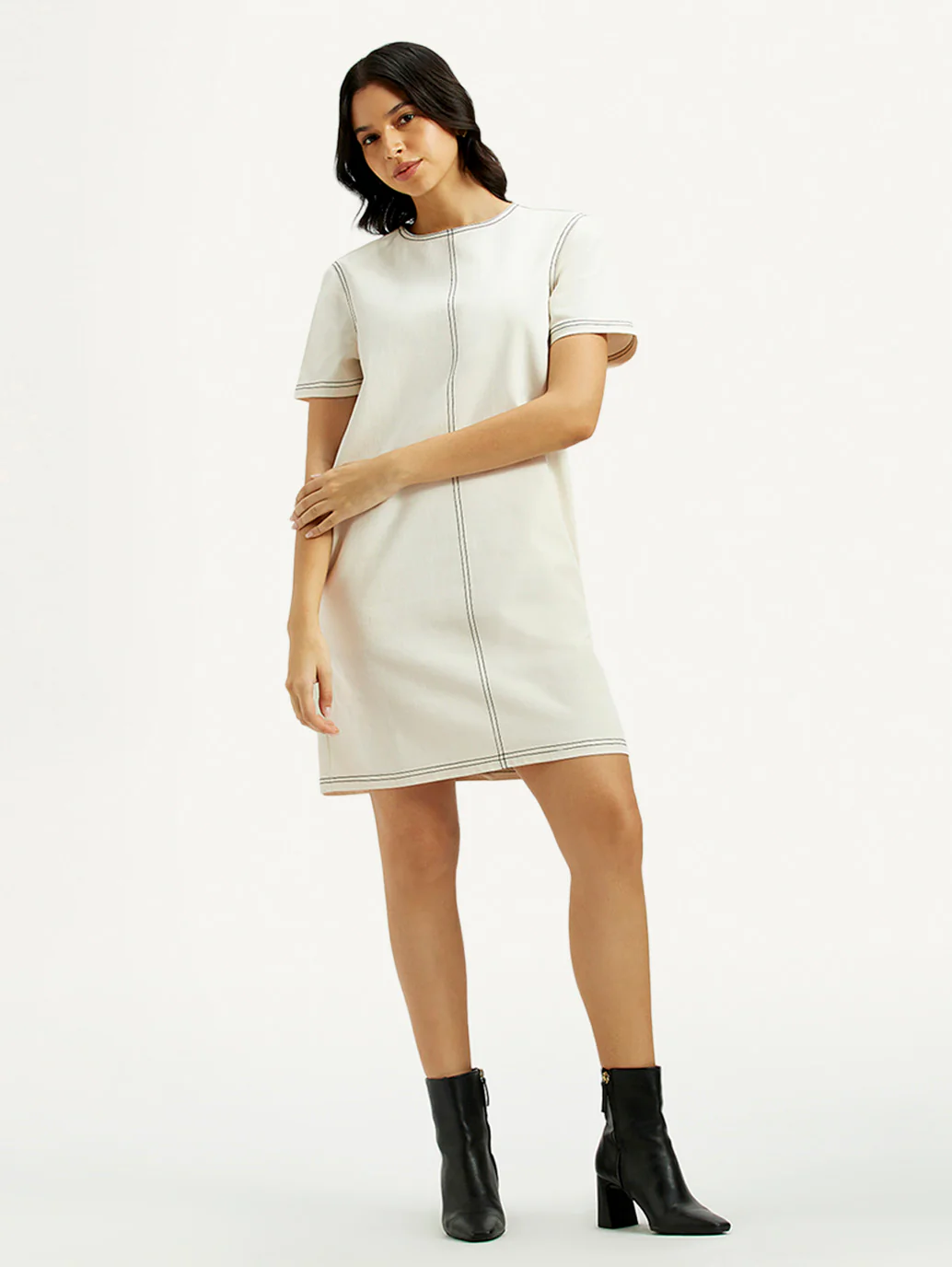 Women's Solid White Round Neck Denim Dress
