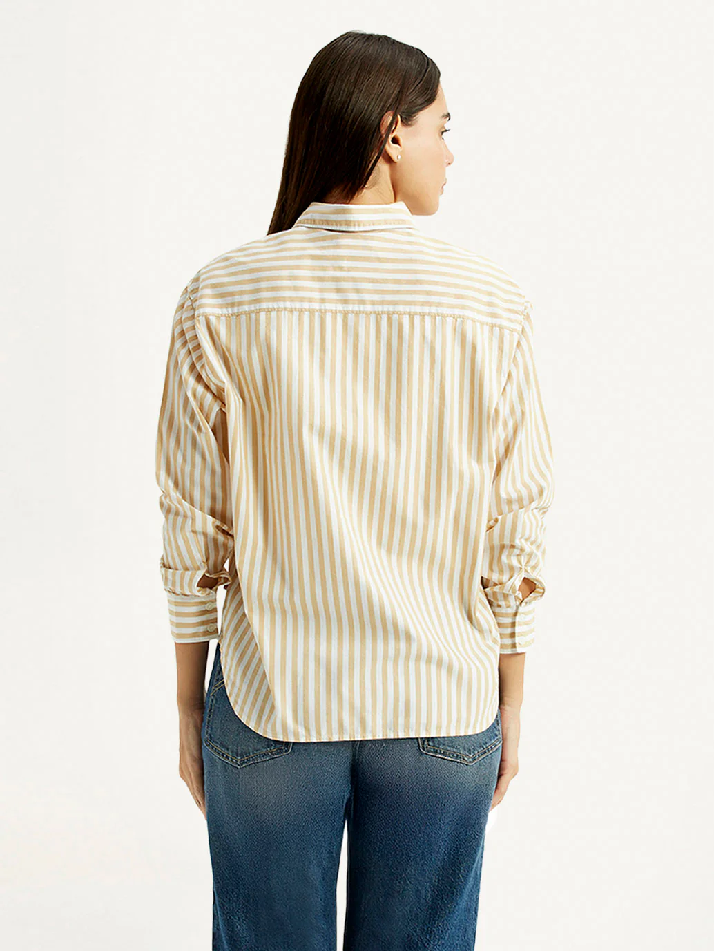 Women's Striped Beige Relaxed Fit Poplin Shirt - Image 3