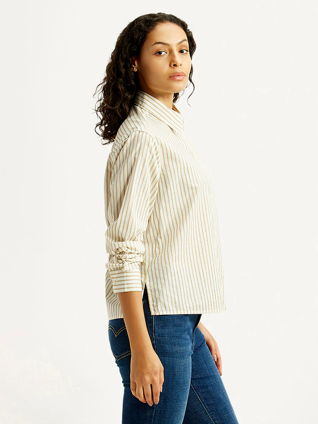 Women's Striped Beige Relaxed Fit Poplin Shirt - Image 5