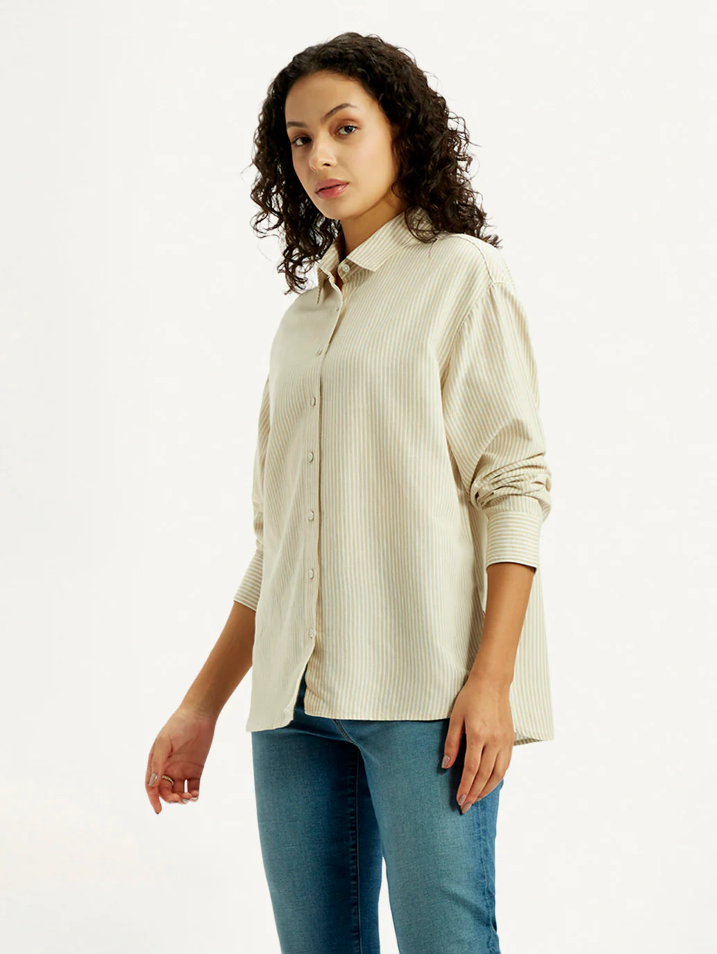 Women's Striped Beige Relaxed Fit Shirt - Image 6