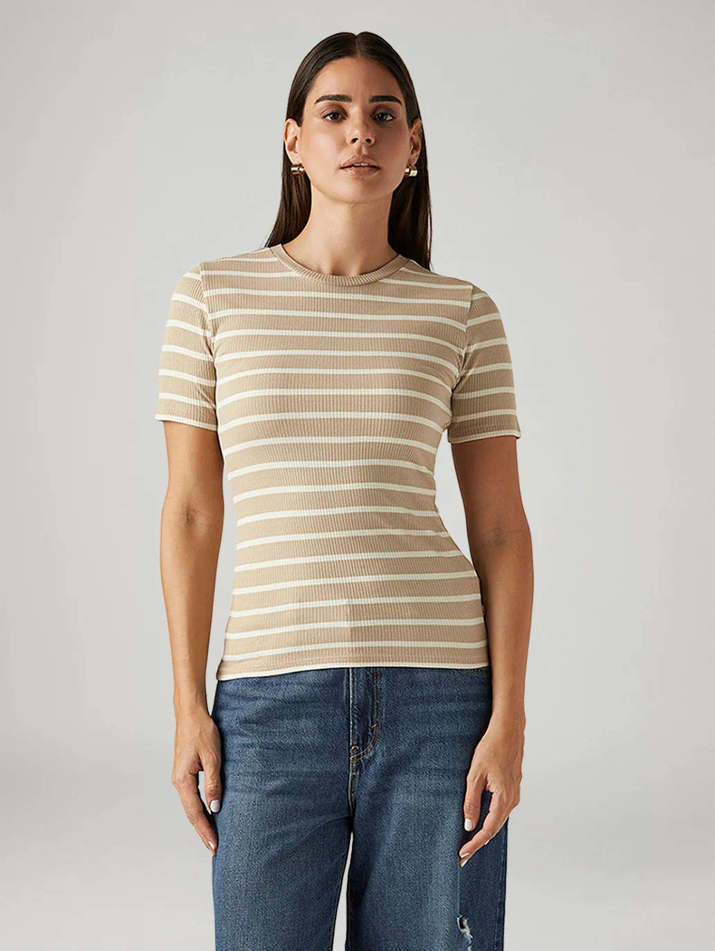 Women's Striped Beige Slim Fit T-shirt - Image 5
