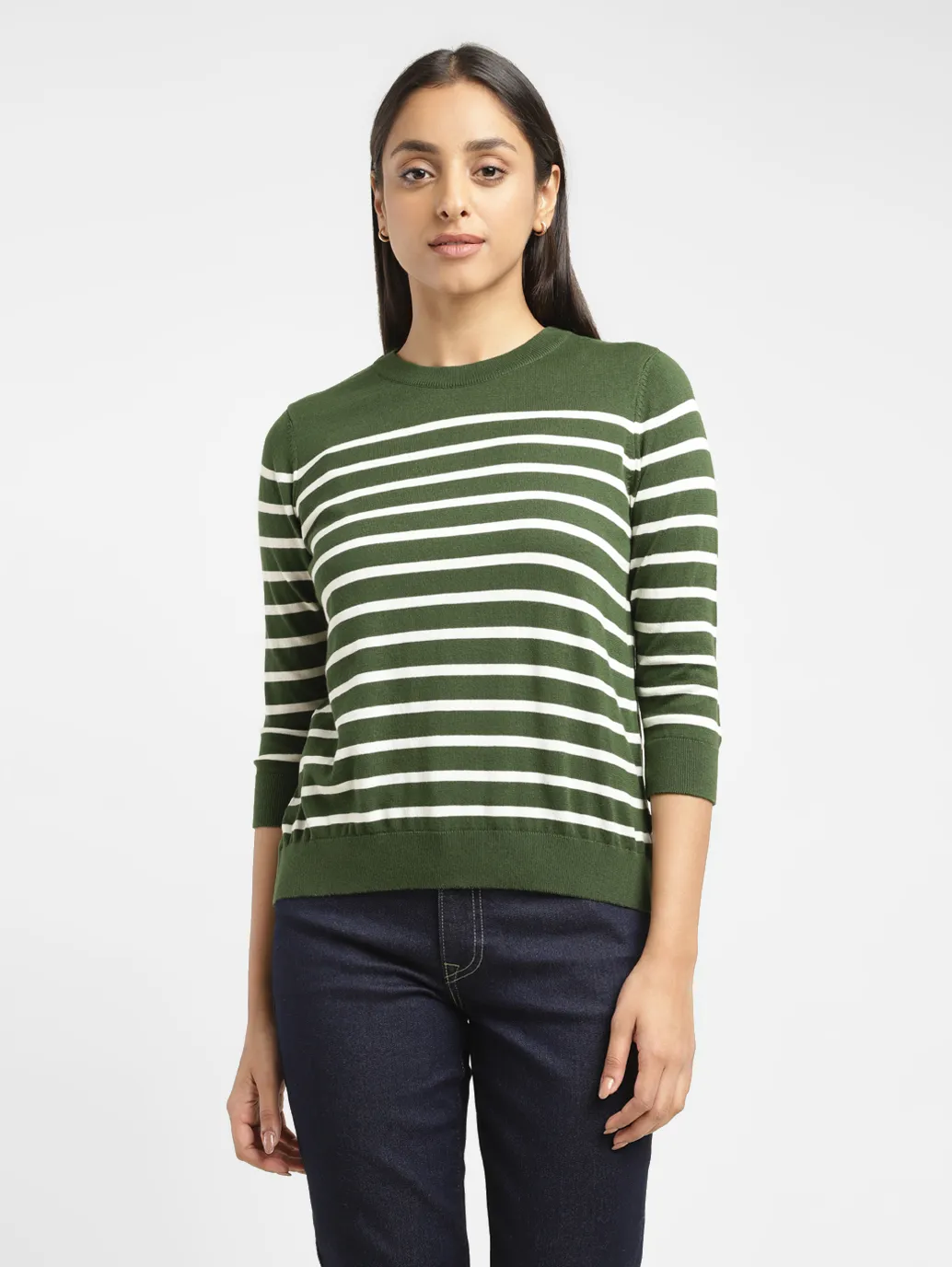 Women's Striped Green Crew Neck Sweater - Image 2