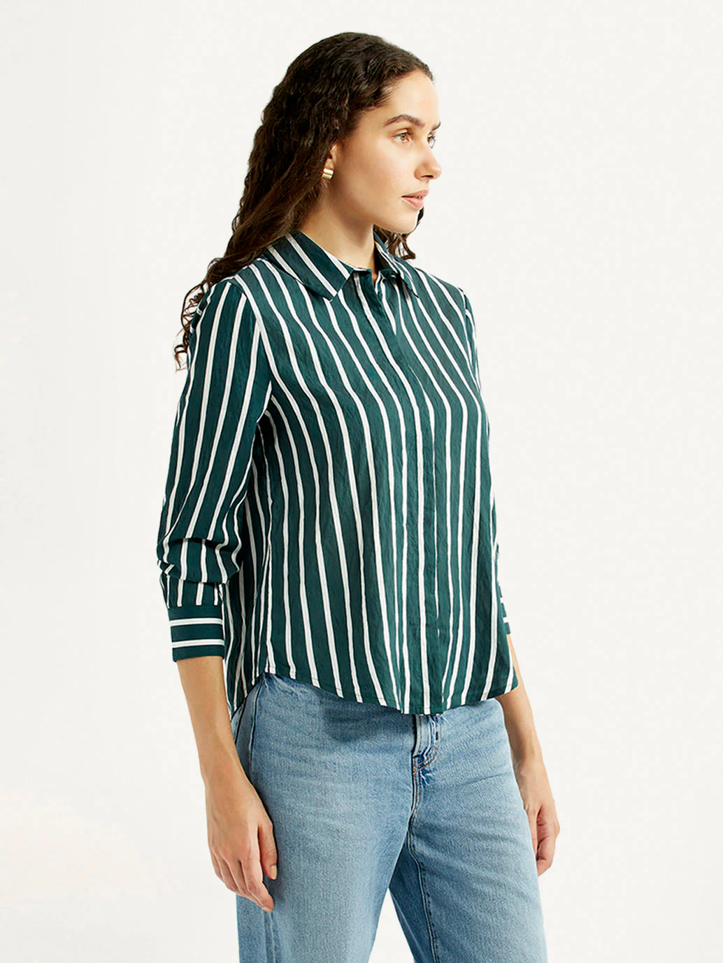 Women's Striped Green Spread Collar Shirt - Image 4