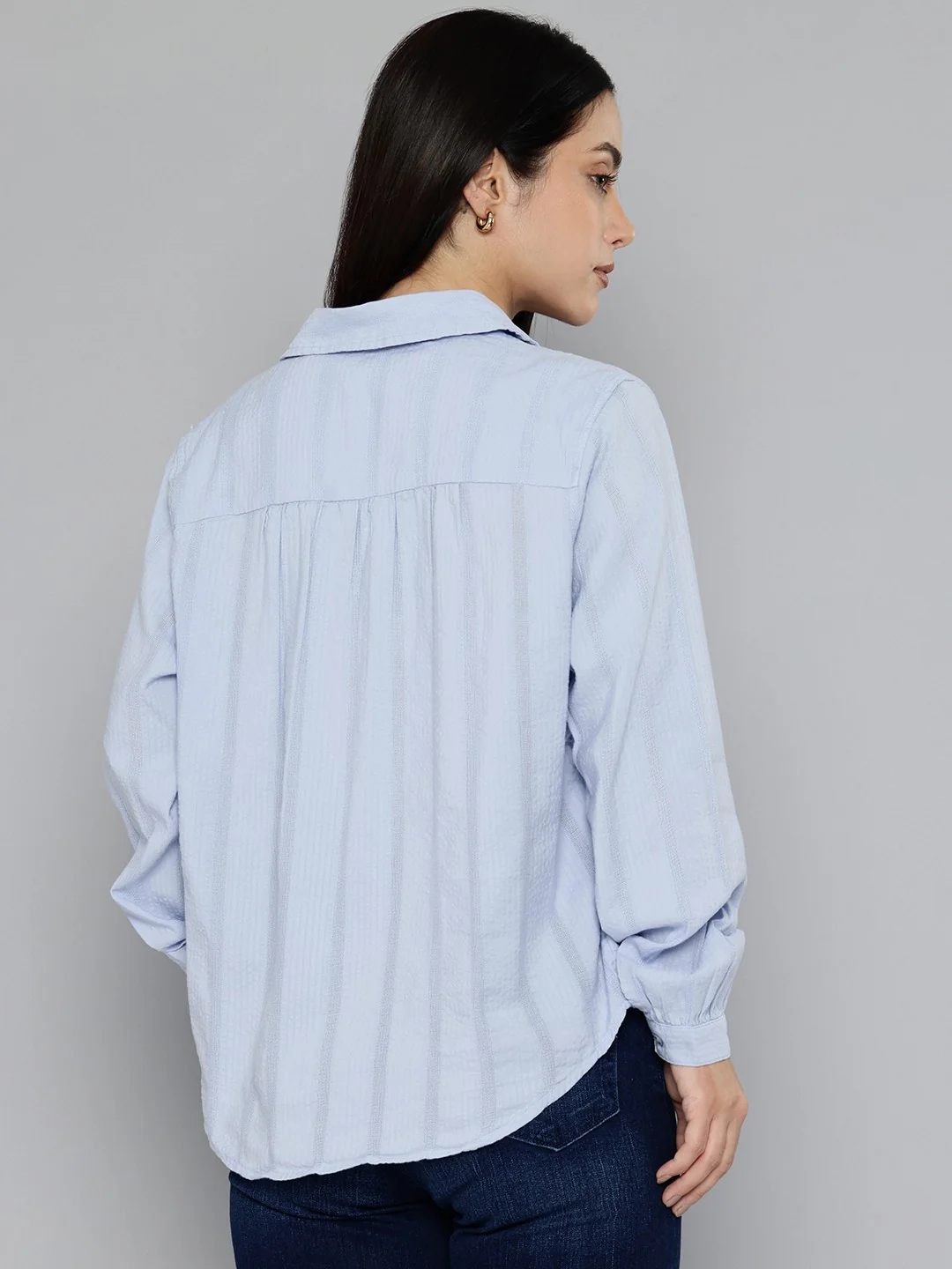 Women's Striped Blue Spread Collar Top - Image 2
