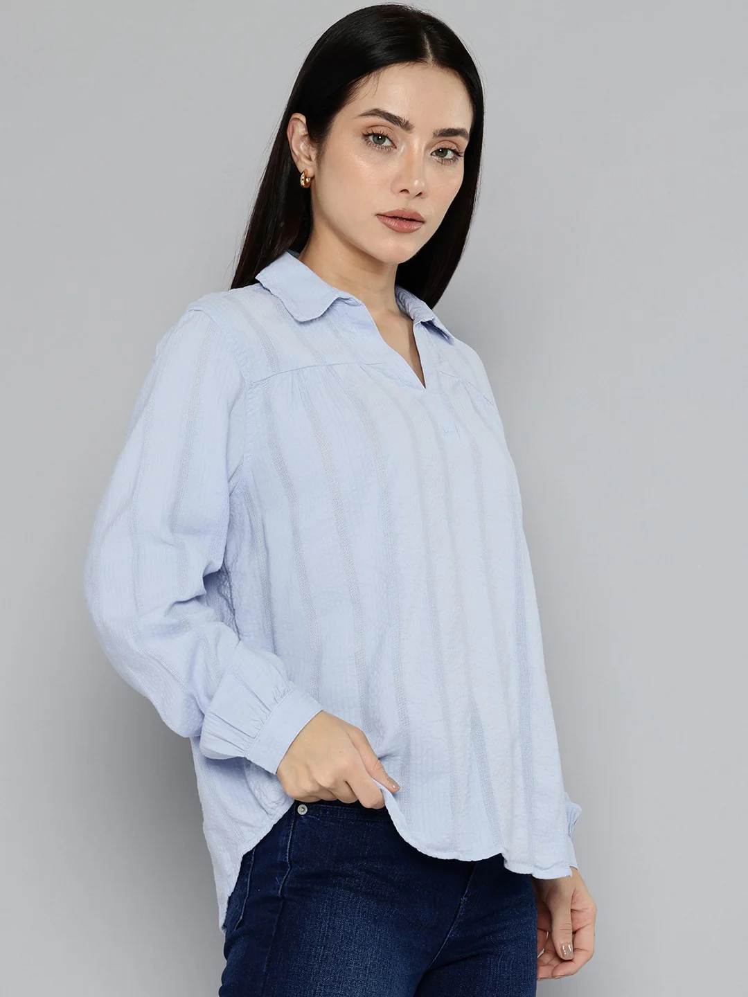 Women's Striped Blue Spread Collar Top - Image 3