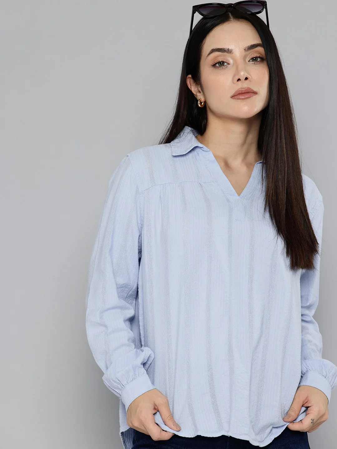 Women's Striped Blue Spread Collar Top - Image 5