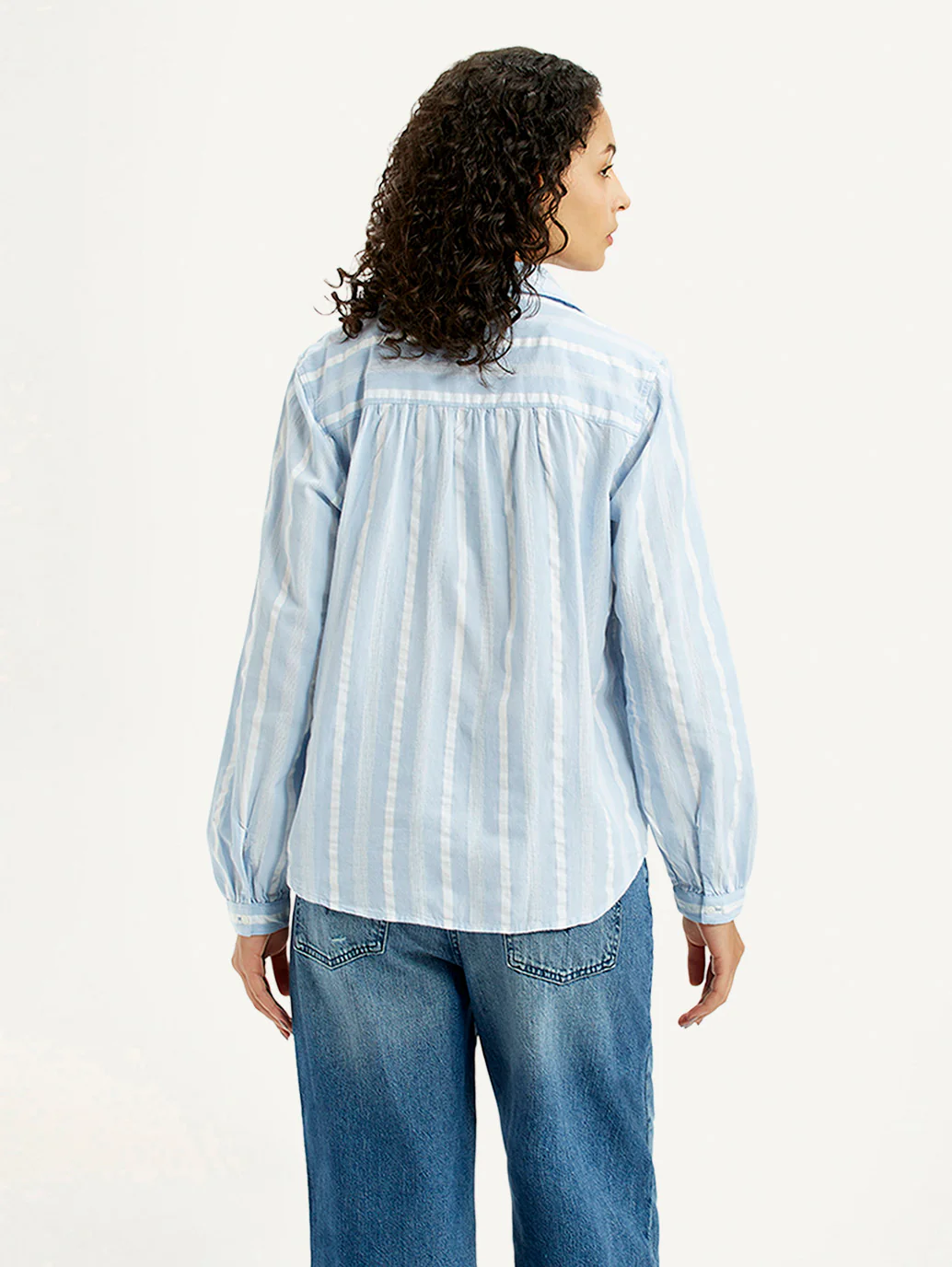 Women's Striped Light Blue Spread Collar Top - Image 2