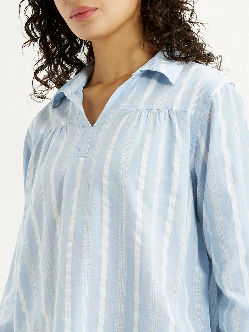 Women's Striped Light Blue Spread Collar Top - Image 3