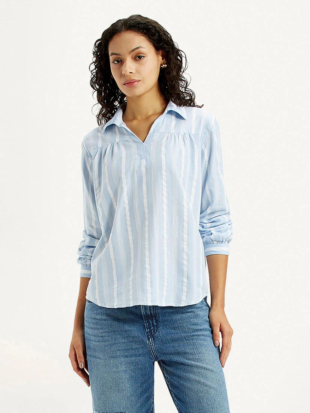 Women's Striped Light Blue Spread Collar Top - Image 4