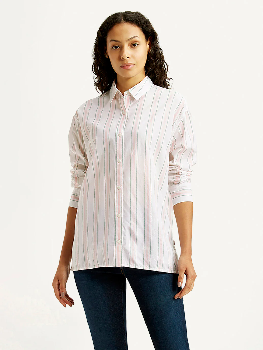 Women's Striped Light Pink Relaxed Fit Poplin Shirt - Image 2