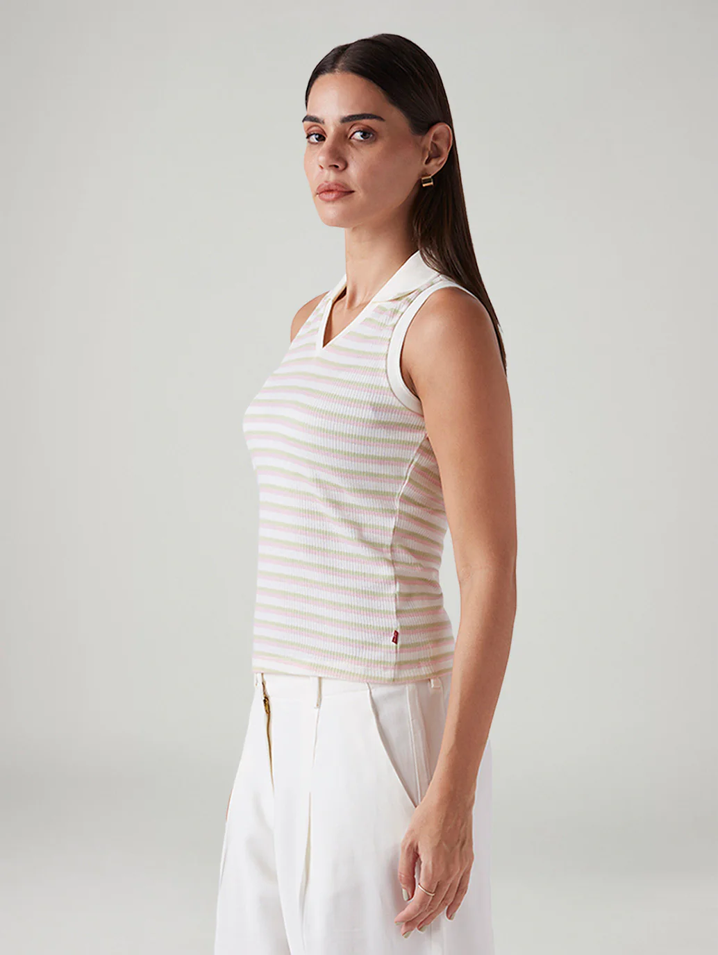 Women's Striped Off White Polo Collar Top - Image 5