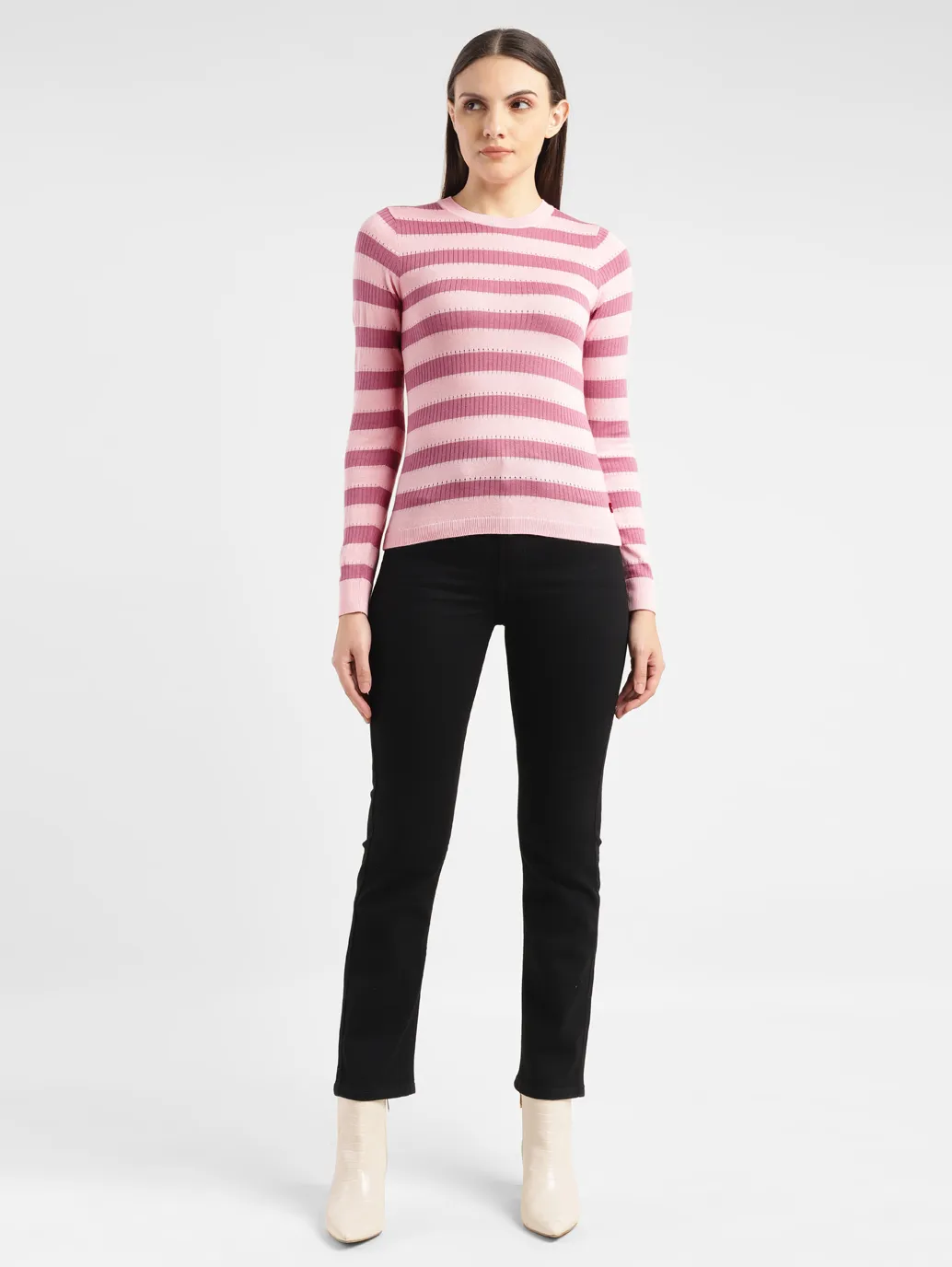 Women's Striped Pink Crew Neck Sweater - Image 6