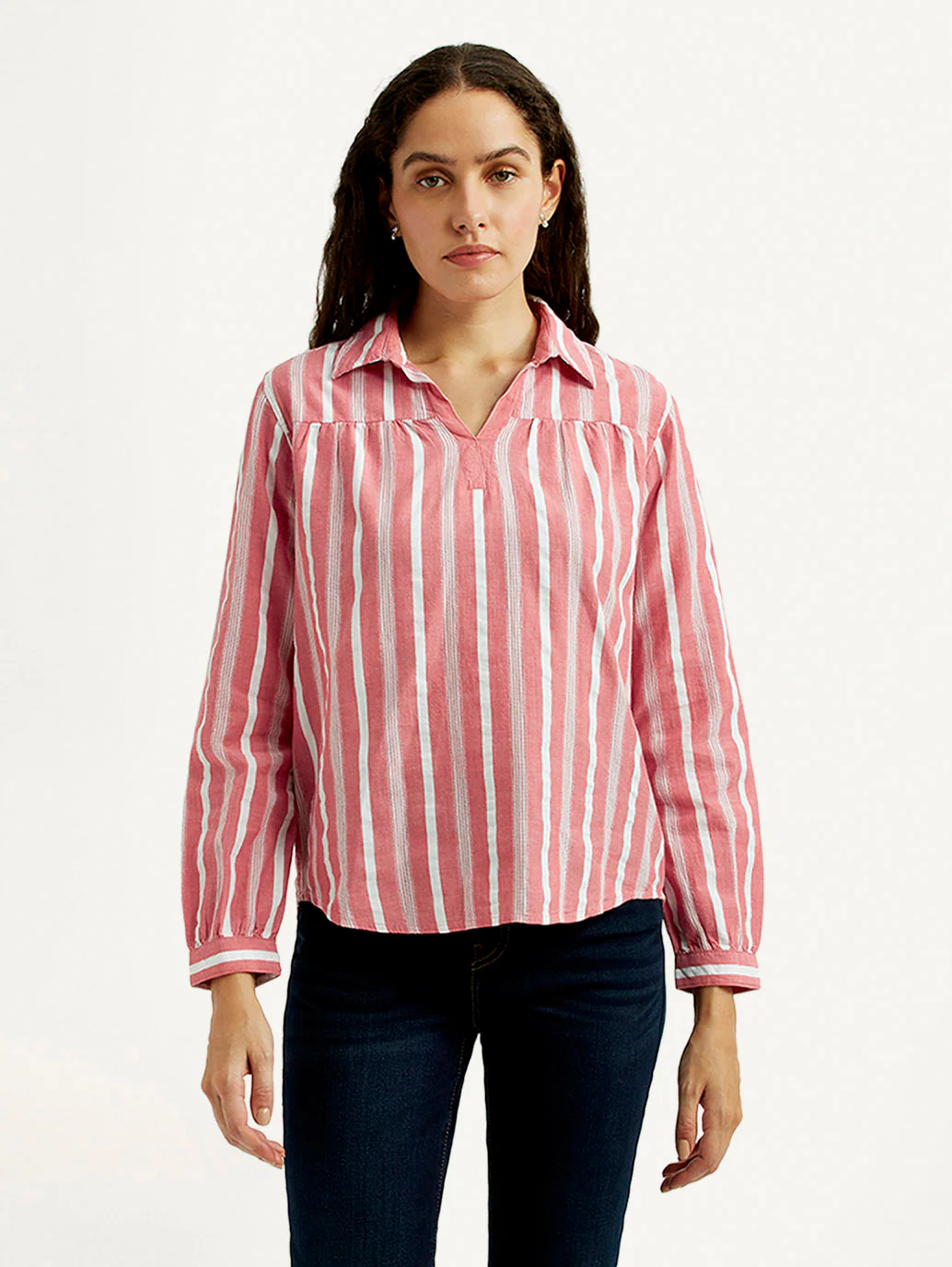 Women's Striped Pink Spread Collar Top - Image 2