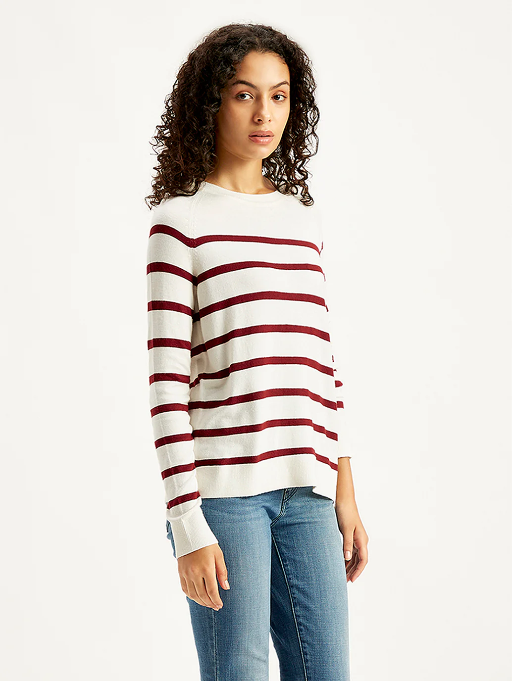 Women's Striped White Crew Neck Sweater - Image 3