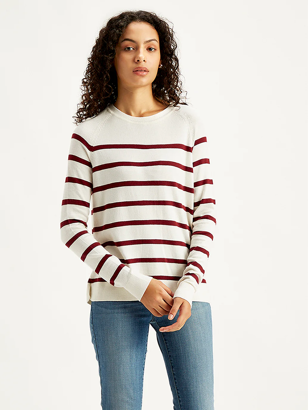 Women's Striped White Crew Neck Sweater - Image 4