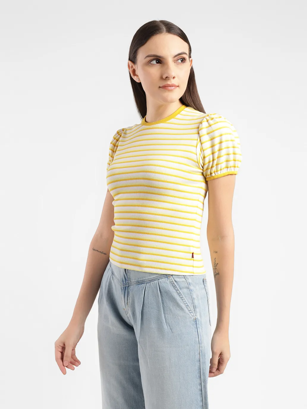 Women's Striped Yellow Crew Neck Top - Image 4
