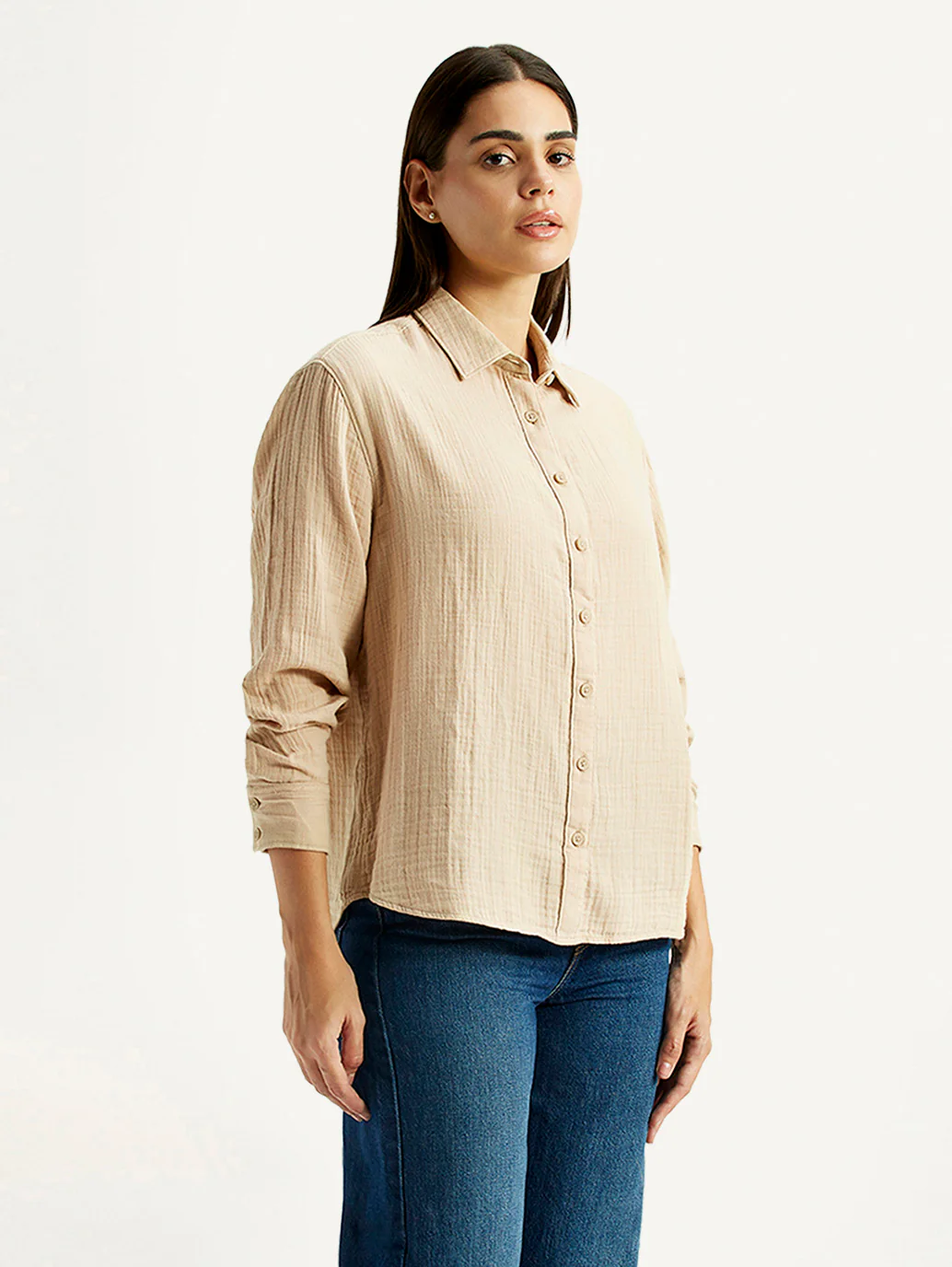 Women's Textured Beige Relaxed Fit Shirt - Image 3