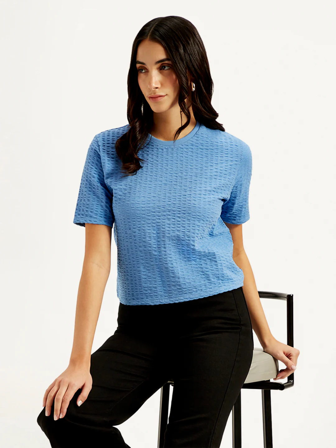 Women's Textured Blue Crew Neck Top