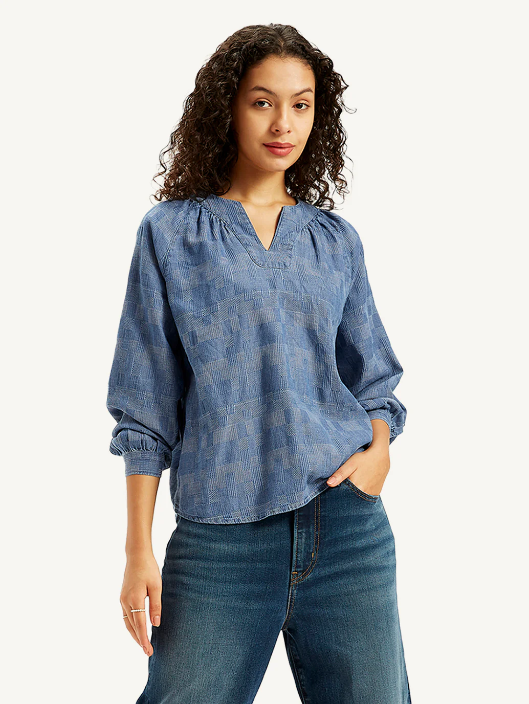 Women's Textured Blue Peasant Top - Image 2