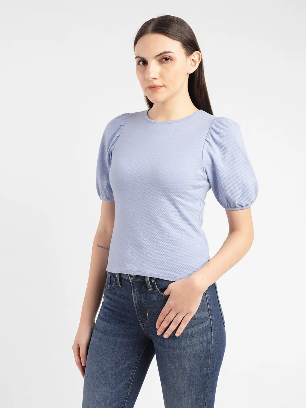 Women's Textured Blue Round Neck Top - Image 4
