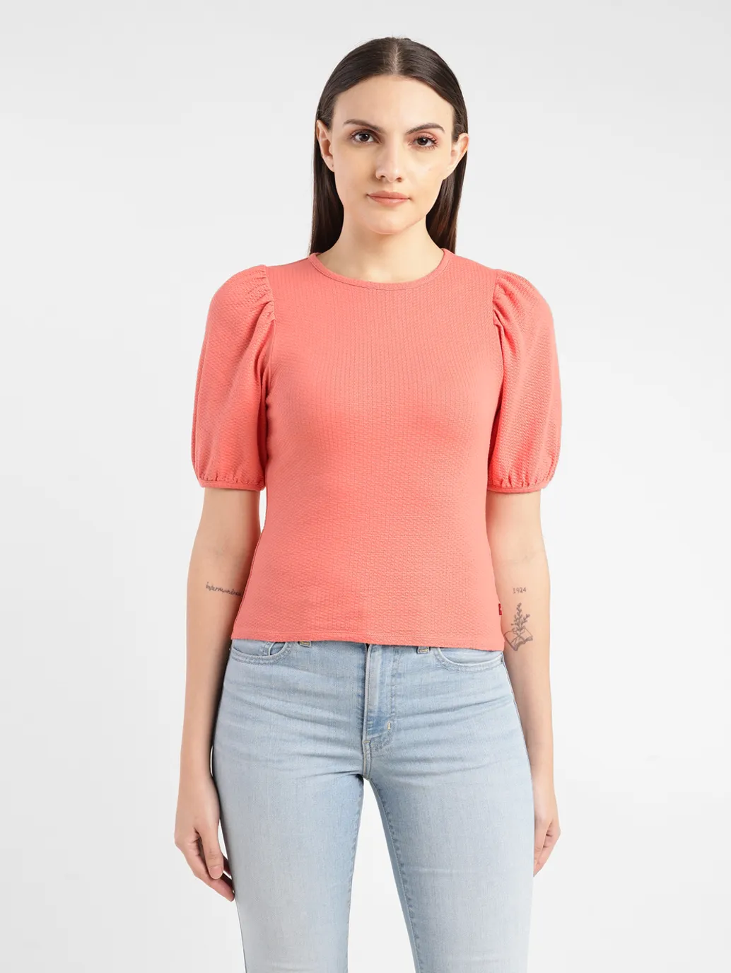 Women's Textured Coral Round Neck Top - Image 2