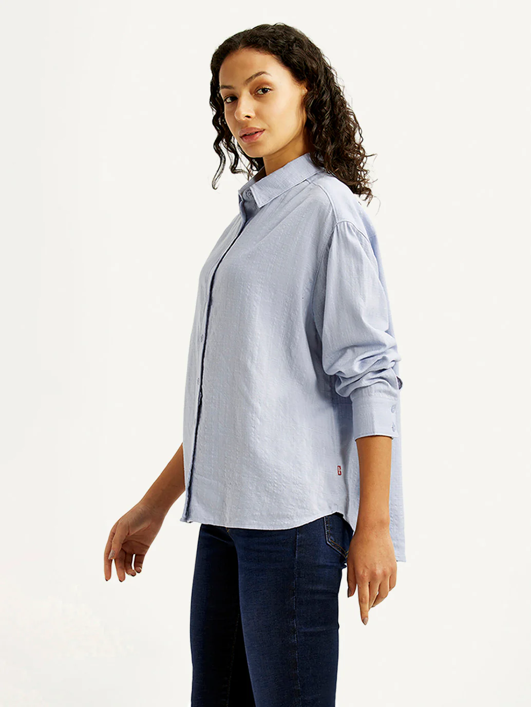 Women's Textured Light Blue Relaxed Fit Shirt - Image 5