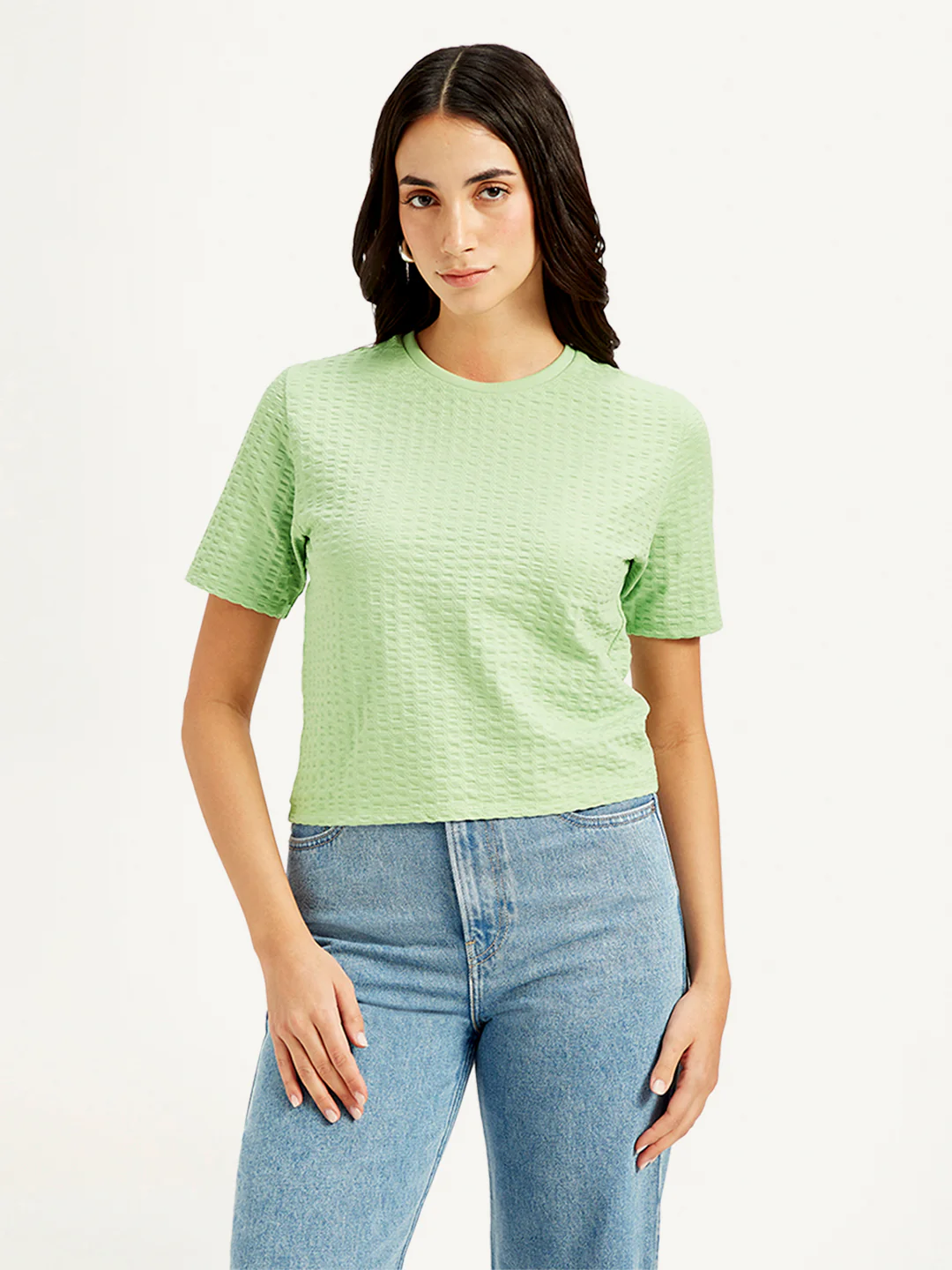 Women's Textured Light-Green Crew Neck Top - Image 2